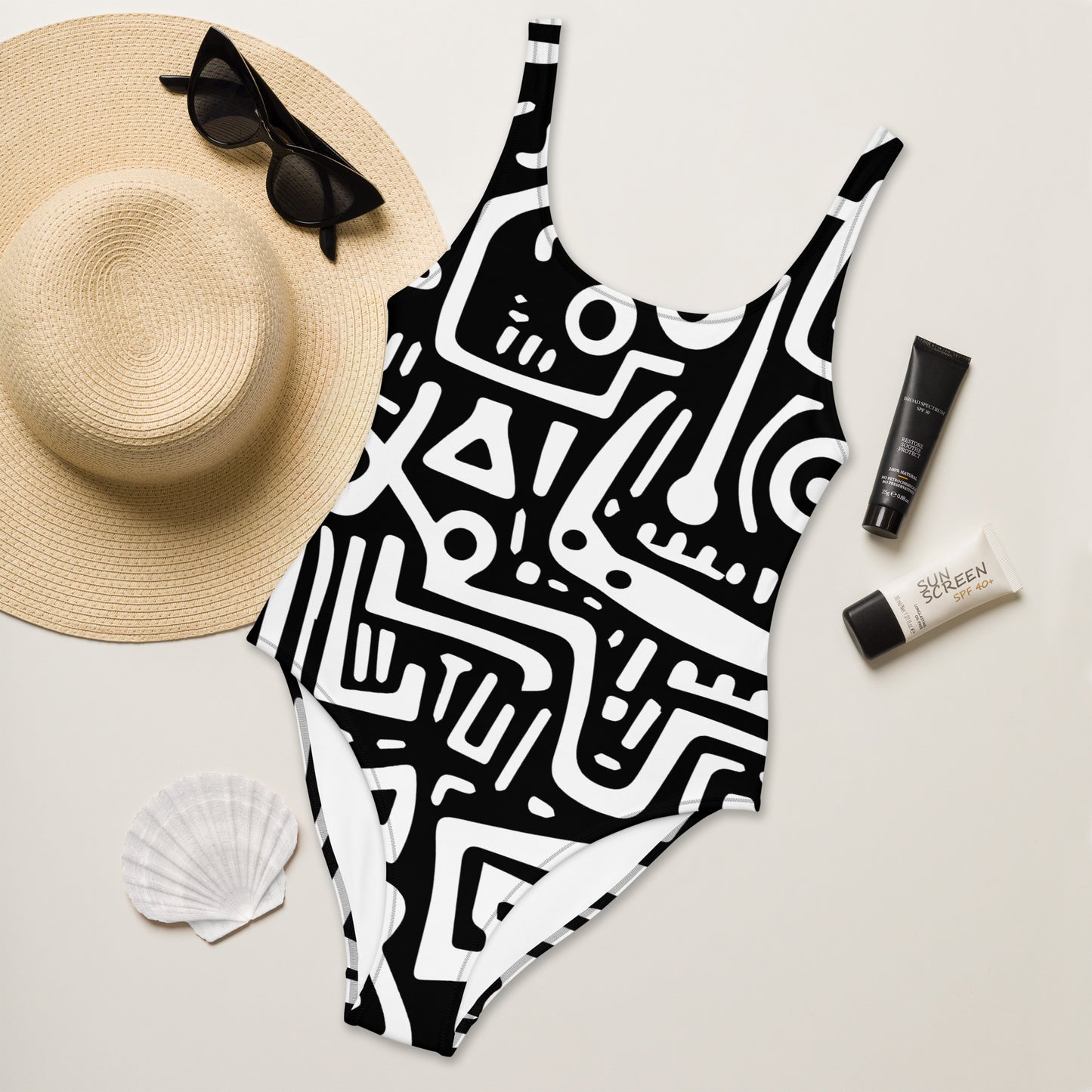 African Adinkra Symbols Inspired One-Piece Swimsuit || abasani